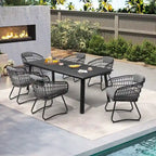 7PC Outdoor Aluminum Dining Table with Umbrella Hole with Rattan Chair