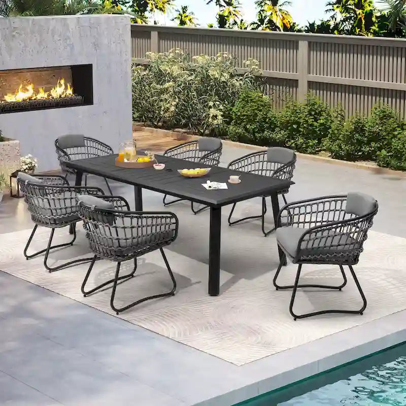 7PC Outdoor Aluminum Dining Table with Umbrella Hole with Rattan Chair