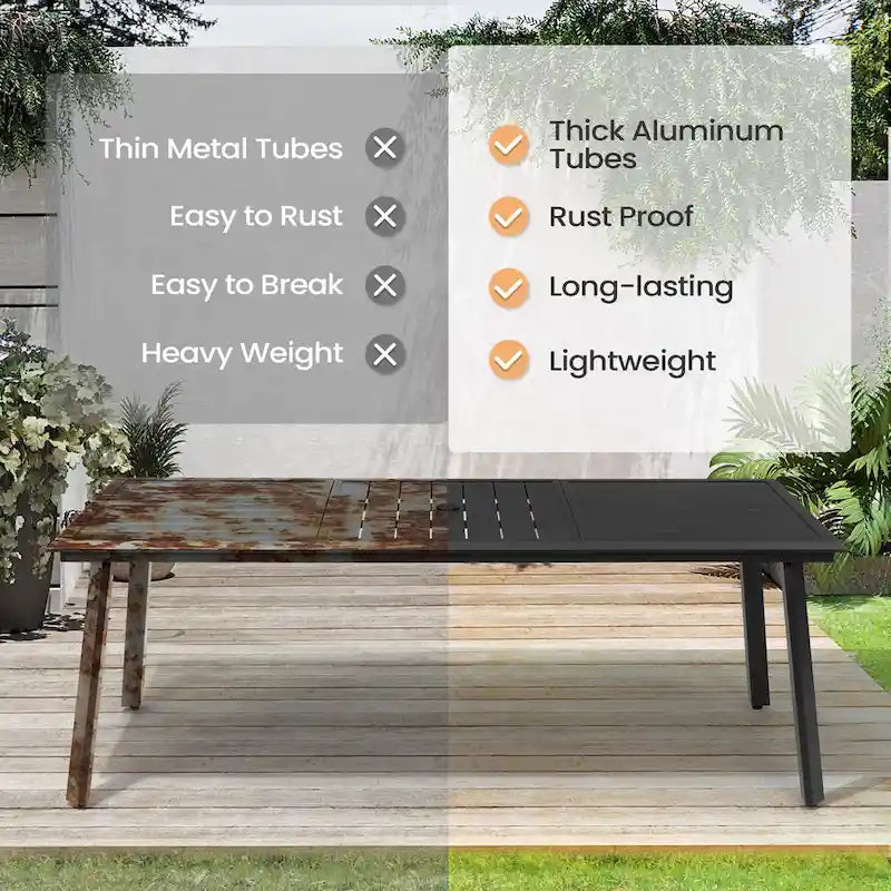 7PC Outdoor Aluminum Dining Table with Umbrella Hole with Rattan Chair
