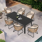 7PC Outdoor Aluminum Dining Table with Umbrella Hole with Rattan Chair
