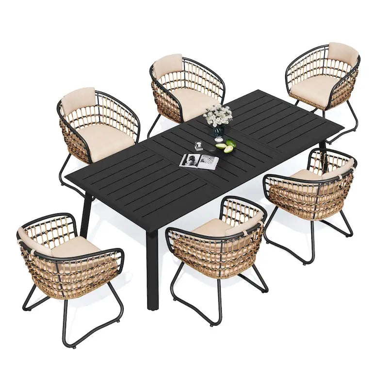 7PC Outdoor Aluminum Dining Table with Umbrella Hole with Rattan Chair