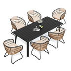 7PC Outdoor Aluminum Dining Table with Umbrella Hole with Rattan Chair