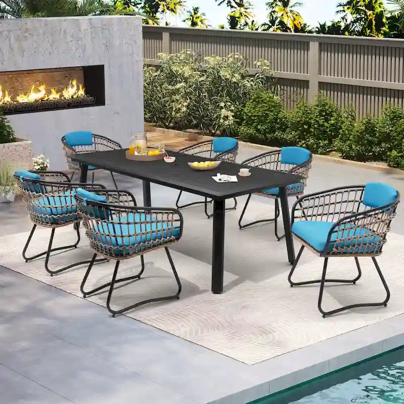 7PC Outdoor Aluminum Dining Table with Umbrella Hole with Rattan Chair