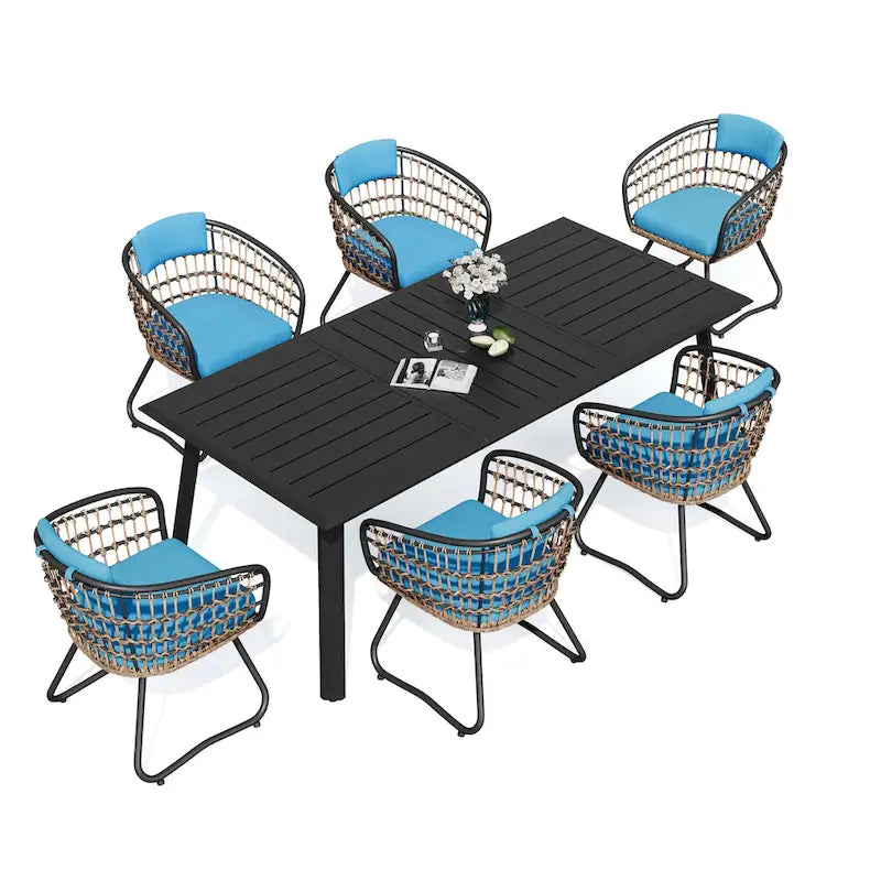 7PC Outdoor Aluminum Dining Table with Umbrella Hole with Rattan Chair