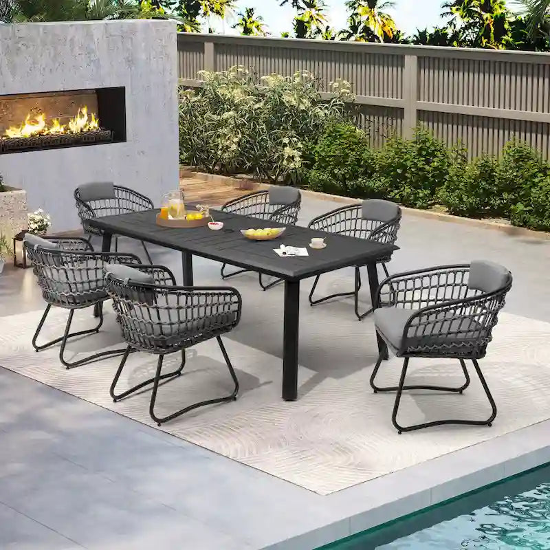 7PC Outdoor Aluminum Dining Table with Umbrella Hole with Rattan Chair