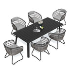 7PC Outdoor Aluminum Dining Table with Umbrella Hole with Rattan Chair