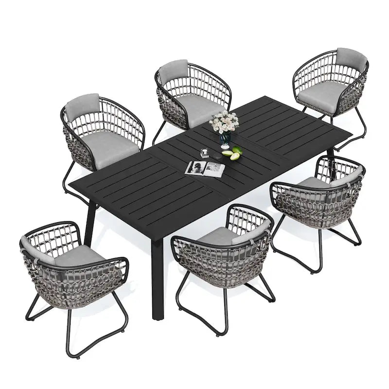7PC Outdoor Aluminum Dining Table with Umbrella Hole with Rattan Chair