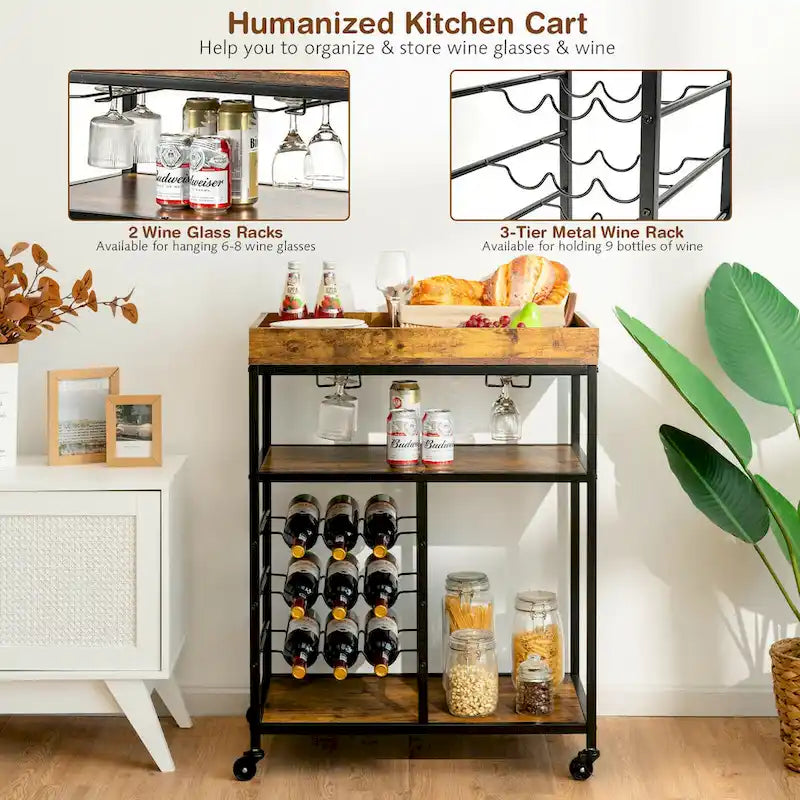 Gymax 3-Tier Rolling Kitchen Serving Cart Utility Trolley w/ Wine - See Details