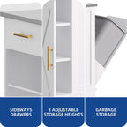 Moasis Rolling Kitchen Island with Trash Can Storage Cabinet and 2 Bar Stools