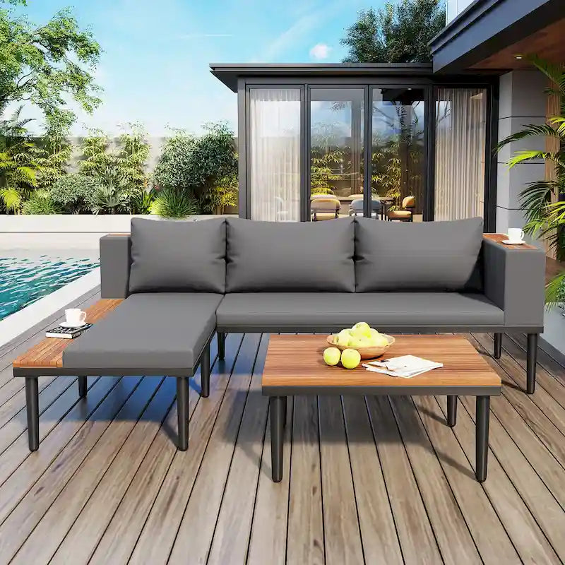 Luxury Patio Furniture Set with Removable Cushions and Coffee Table, L-Shaped Acacia Wood Sofa with Side Table