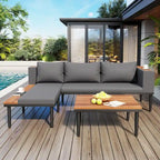 Luxury Patio Furniture Set with Removable Cushions and Coffee Table, L-Shaped Acacia Wood Sofa with Side Table