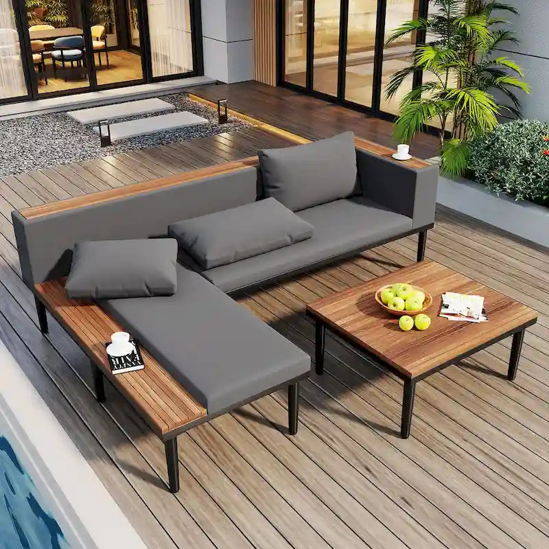 Luxury Patio Furniture Set with Removable Cushions and Coffee Table, L-Shaped Acacia Wood Sofa with Side Table
