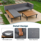 Luxury Patio Furniture Set with Removable Cushions and Coffee Table, L-Shaped Acacia Wood Sofa with Side Table