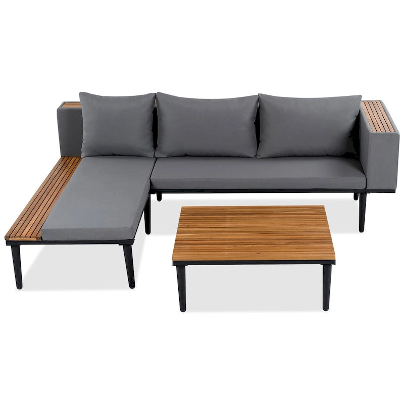 Luxury Patio Furniture Set with Removable Cushions and Coffee Table, L-Shaped Acacia Wood Sofa with Side Table