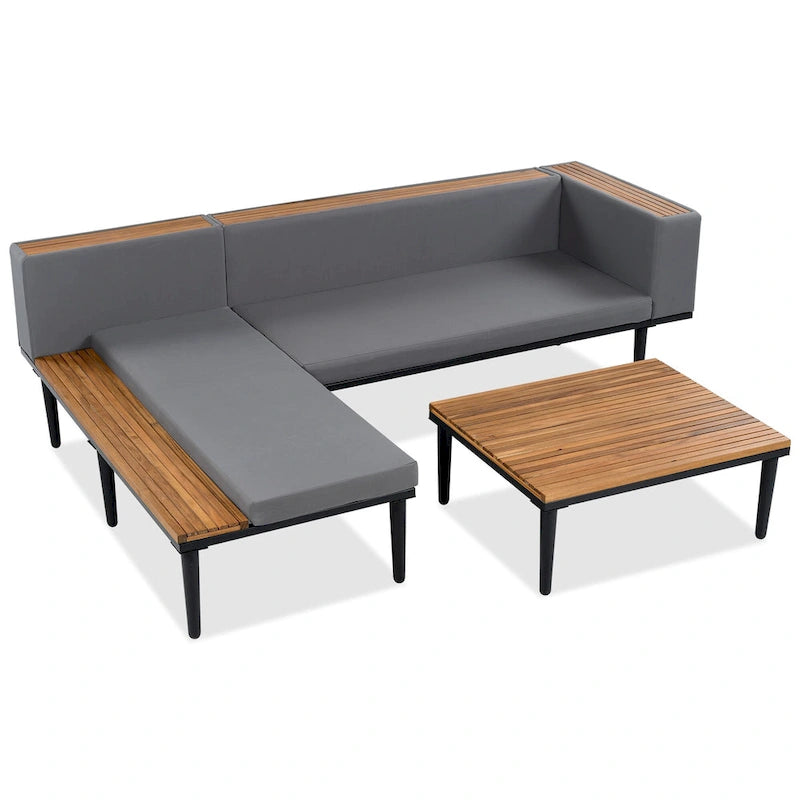 Luxury Patio Furniture Set with Removable Cushions and Coffee Table, L-Shaped Acacia Wood Sofa with Side Table