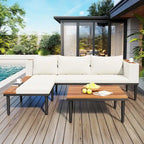 Luxury Patio Furniture Set with Removable Cushions and Coffee Table, L-Shaped Acacia Wood Sofa with Side Table