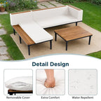 Luxury Patio Furniture Set with Removable Cushions and Coffee Table, L-Shaped Acacia Wood Sofa with Side Table