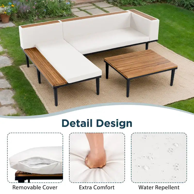 Luxury Patio Furniture Set with Removable Cushions and Coffee Table, L-Shaped Acacia Wood Sofa with Side Table