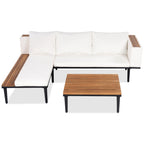 Luxury Patio Furniture Set with Removable Cushions and Coffee Table, L-Shaped Acacia Wood Sofa with Side Table