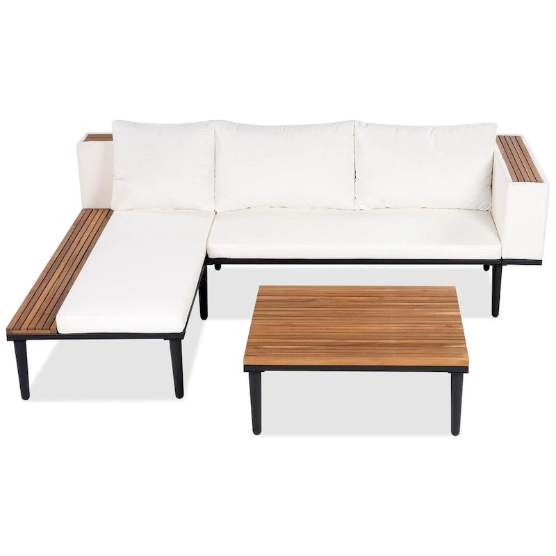 Luxury Patio Furniture Set with Removable Cushions and Coffee Table, L-Shaped Acacia Wood Sofa with Side Table
