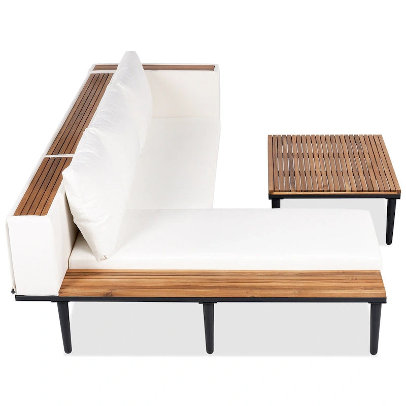 Luxury Patio Furniture Set with Removable Cushions and Coffee Table, L-Shaped Acacia Wood Sofa with Side Table