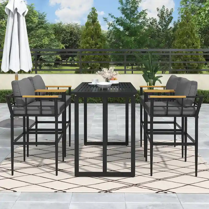 Outdoor Dining Set with Acacia Wood Armrest Suitable For Patio, Balcony Or Backyard