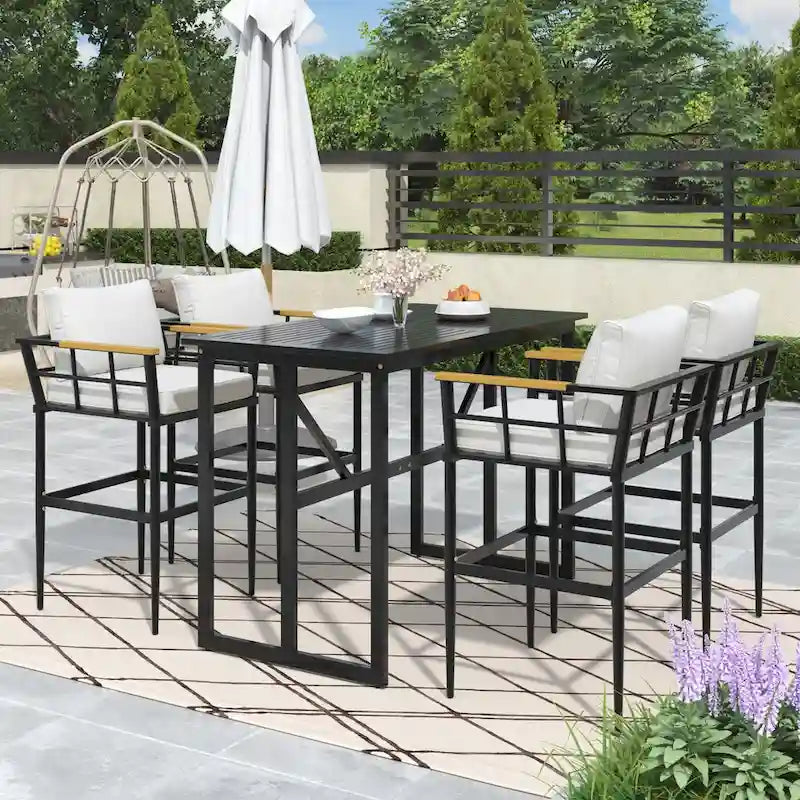 Outdoor Dining Set with Acacia Wood Armrest Suitable For Patio, Balcony Or Backyard