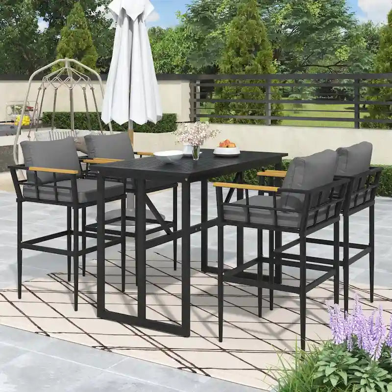 Outdoor Dining Set with Acacia Wood Armrest Suitable For Patio, Balcony Or Backyard