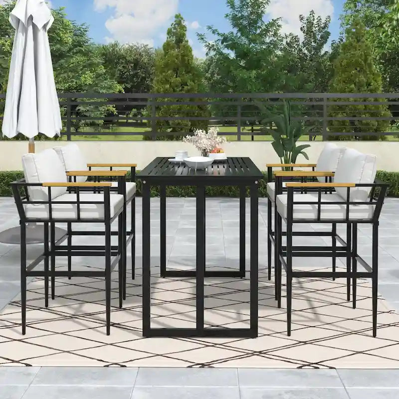 Outdoor Dining Set with Acacia Wood Armrest Suitable For Patio, Balcony Or Backyard
