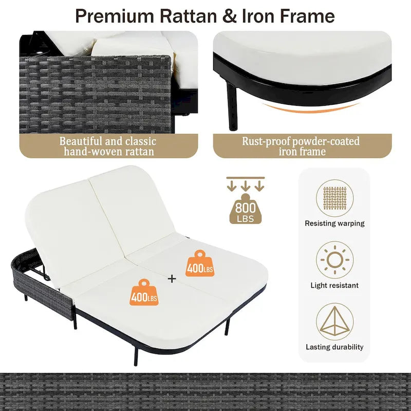 All-Weather Rattan Daybed, 5-Adjustable Backrest, Removable Cushions
