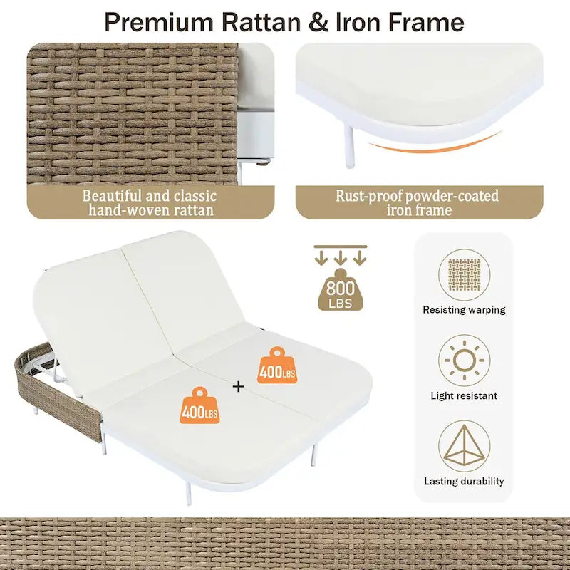 All-Weather Rattan Daybed, 5-Adjustable Backrest, Removable Cushions