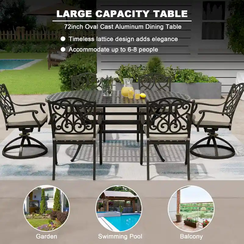 72 Outdoor Dining Table Cast Aluminum Classic Lattice Elliptical Shape Patio Table with Umbrella Hole