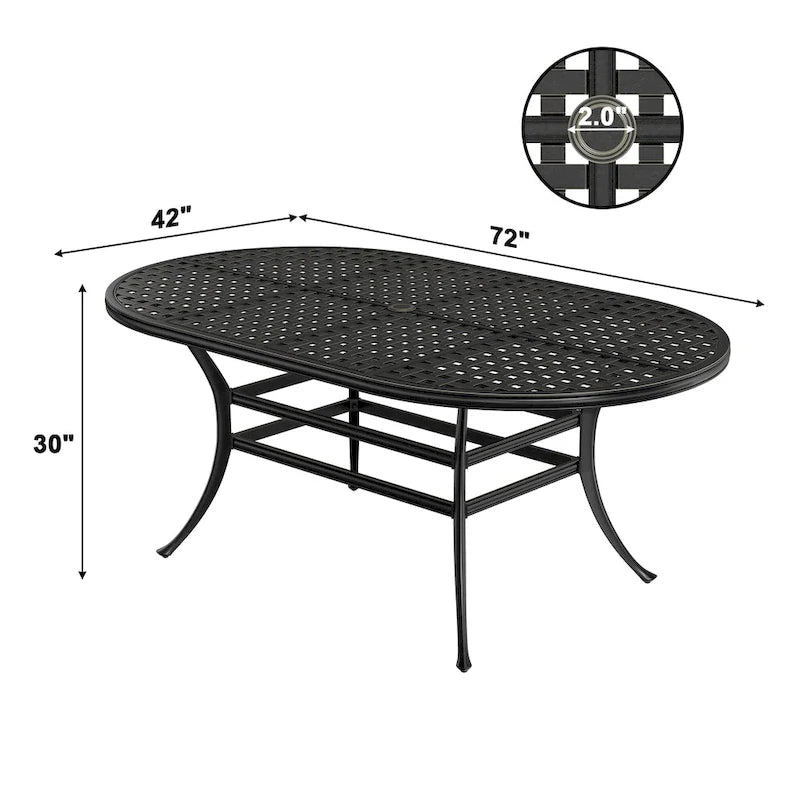 72 Outdoor Dining Table Cast Aluminum Classic Lattice Elliptical Shape Patio Table with Umbrella Hole