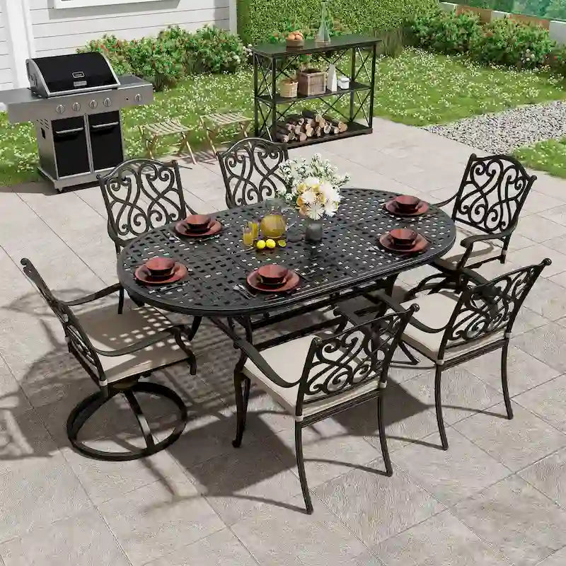 72 Outdoor Dining Table Cast Aluminum Classic Lattice Elliptical Shape Patio Table with Umbrella Hole