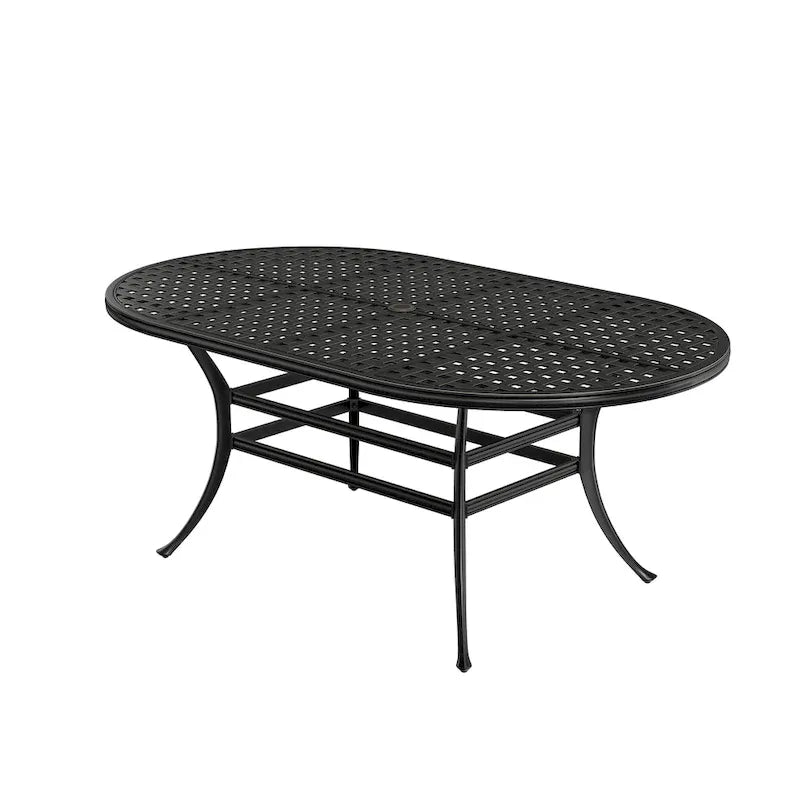 72 Outdoor Dining Table Cast Aluminum Classic Lattice Elliptical Shape Patio Table with Umbrella Hole