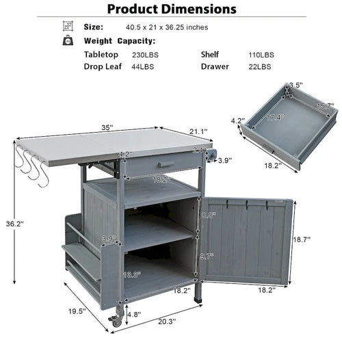 40.5 Outdoor Grill Cart with Stainless Steel Top, Rolling Buffet Serving Cart with Drop Leaf, Patio Kitchen Island Cart