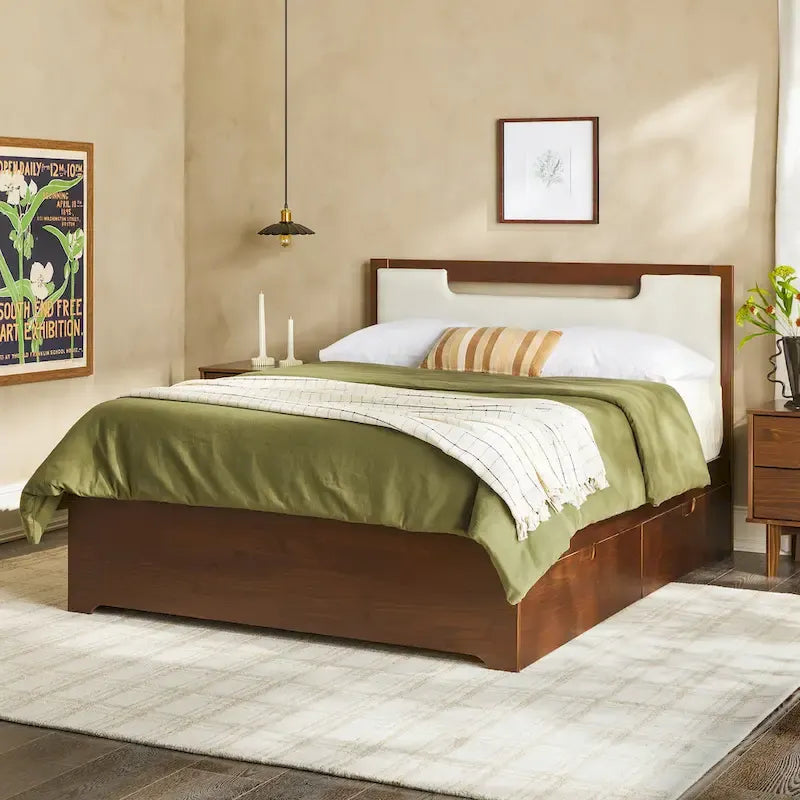 Mid Century Modern Solid Wood Storage Platform Bed