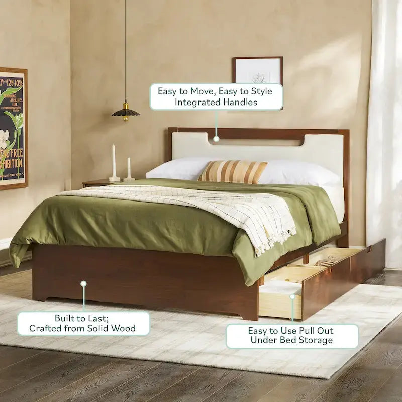 Mid Century Modern Solid Wood Storage Platform Bed