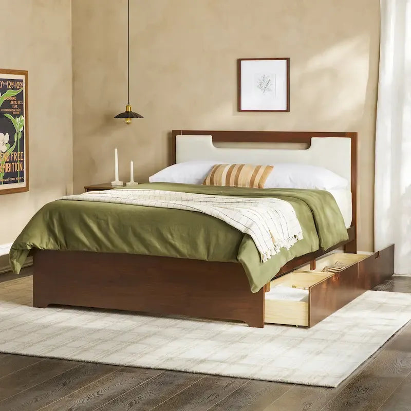 Mid Century Modern Solid Wood Storage Platform Bed