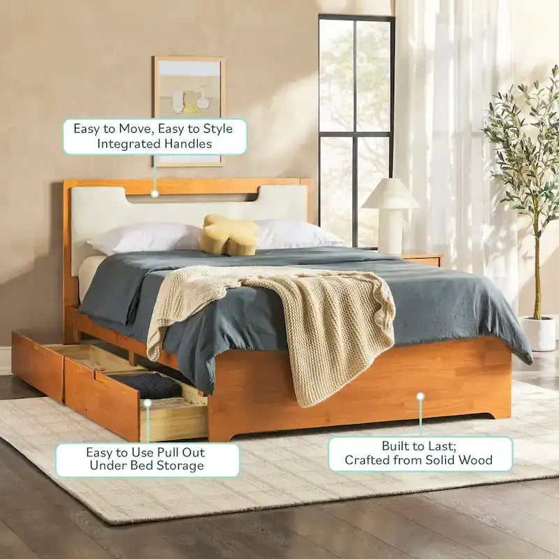 Mid Century Modern Solid Wood Storage Platform Bed