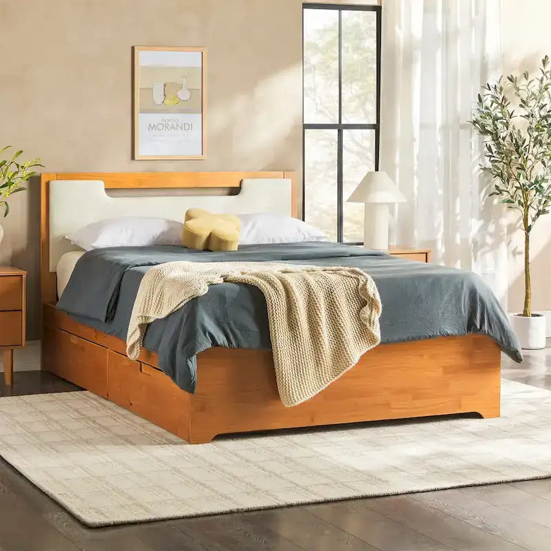 Mid Century Modern Solid Wood Storage Platform Bed