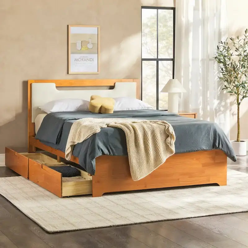 Mid Century Modern Solid Wood Storage Platform Bed