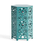 Liana Outdoor Side Table, Hexagonal 14 Inch, Sunburst Cut Out, Teal