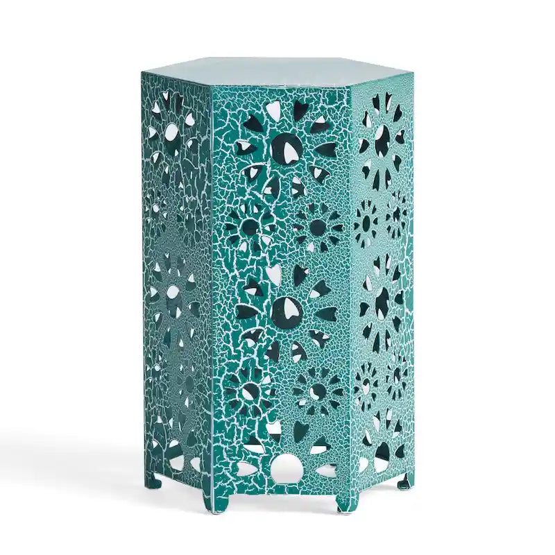 Liana Outdoor Side Table, Hexagonal 14 Inch, Sunburst Cut Out, Teal