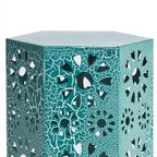 Liana Outdoor Side Table, Hexagonal 14 Inch, Sunburst Cut Out, Teal