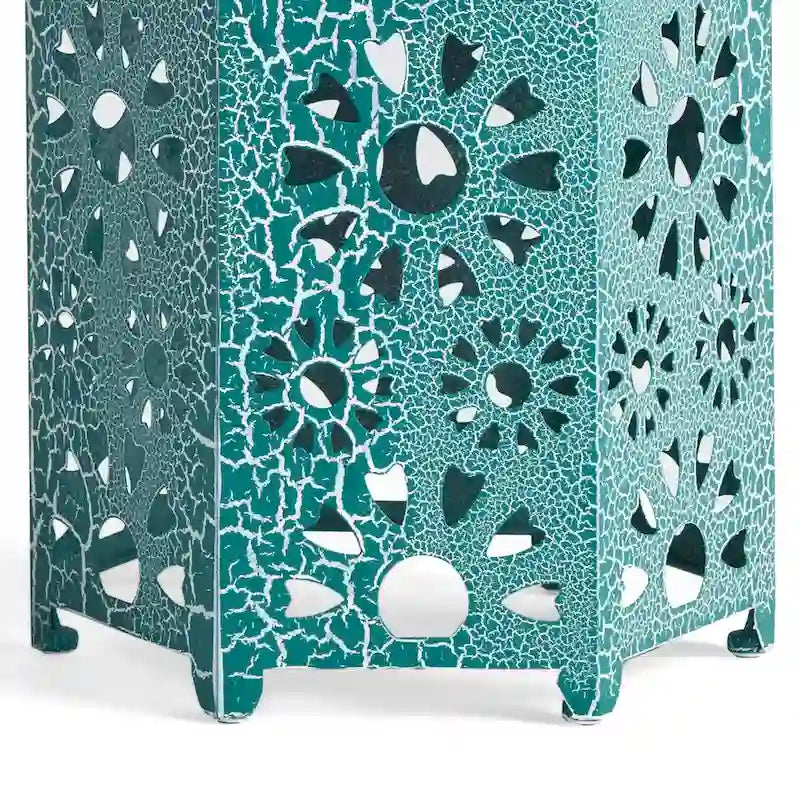 Liana Outdoor Side Table, Hexagonal 14 Inch, Sunburst Cut Out, Teal