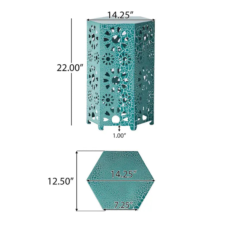 Liana Outdoor Side Table, Hexagonal 14 Inch, Sunburst Cut Out, Teal