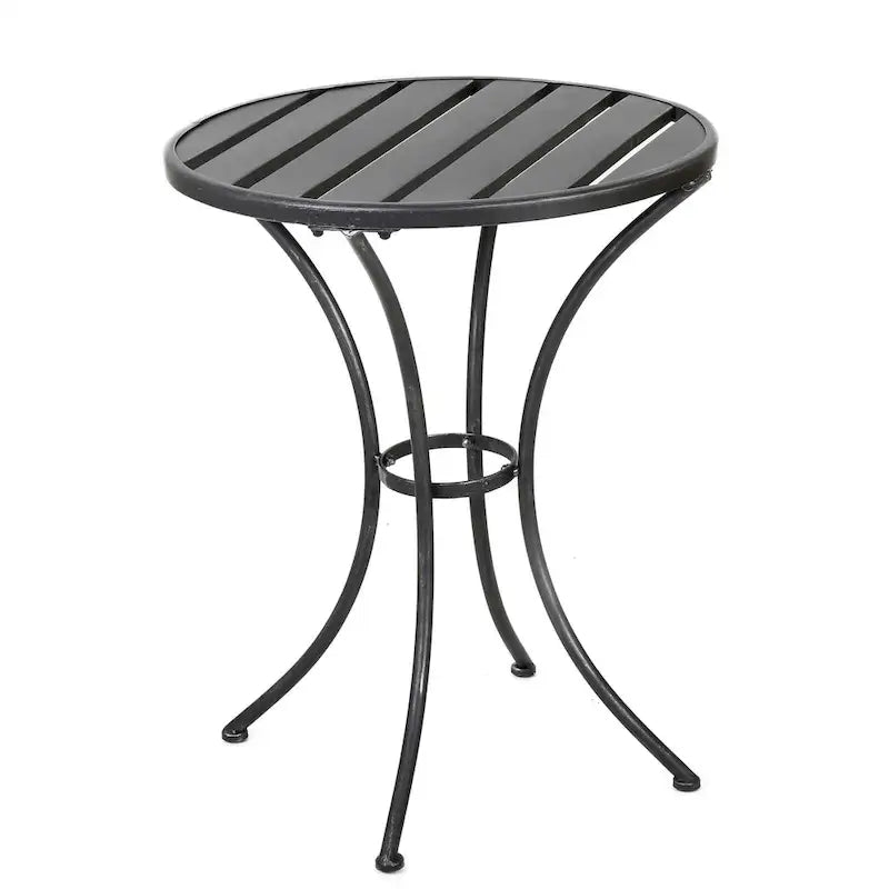 Rune Outdoor Bistro Set, 2 Chairs, Round Slatted Table, Black Iron