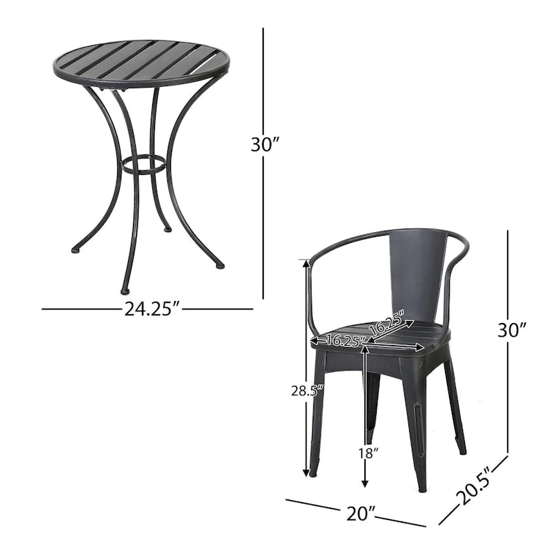 Rune Outdoor Bistro Set, 2 Chairs, Round Slatted Table, Black Iron