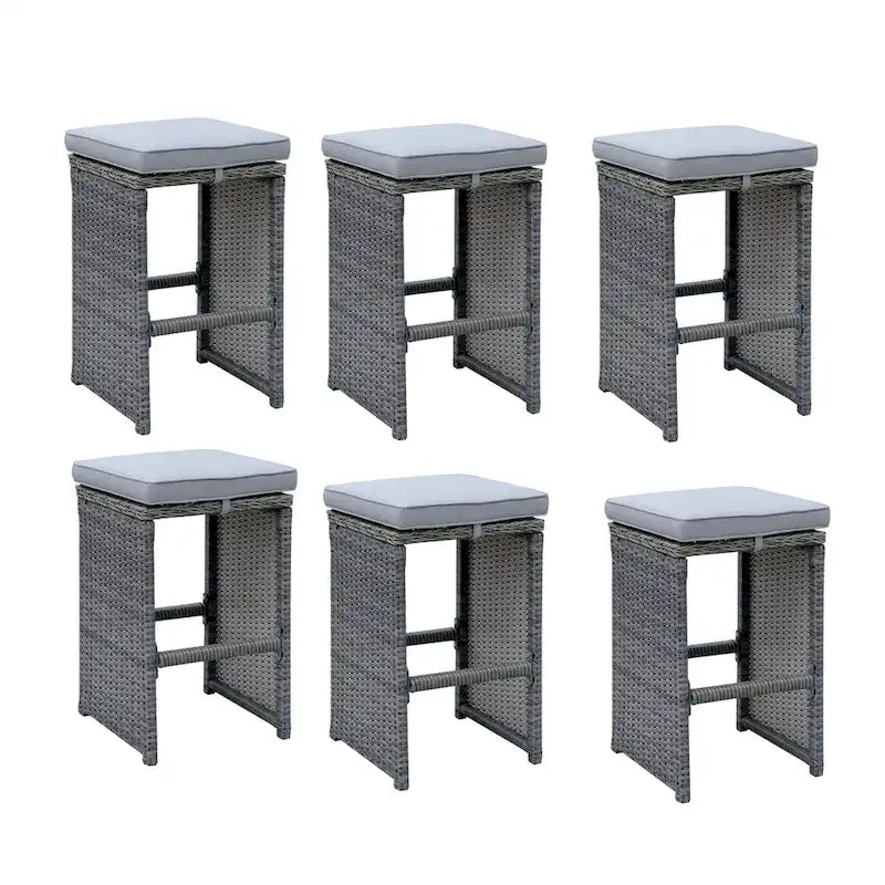 6 Piece Patio Bar Stool In Aluminum Wicker Frame And Padded Fabric Seat, Gray